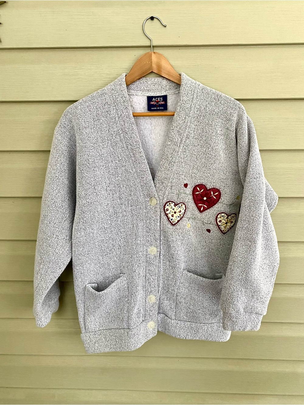Vintage 90s ACES fleece cardigan sweatshirt embroidered hearts cottage granny M - Picture 5 of 12